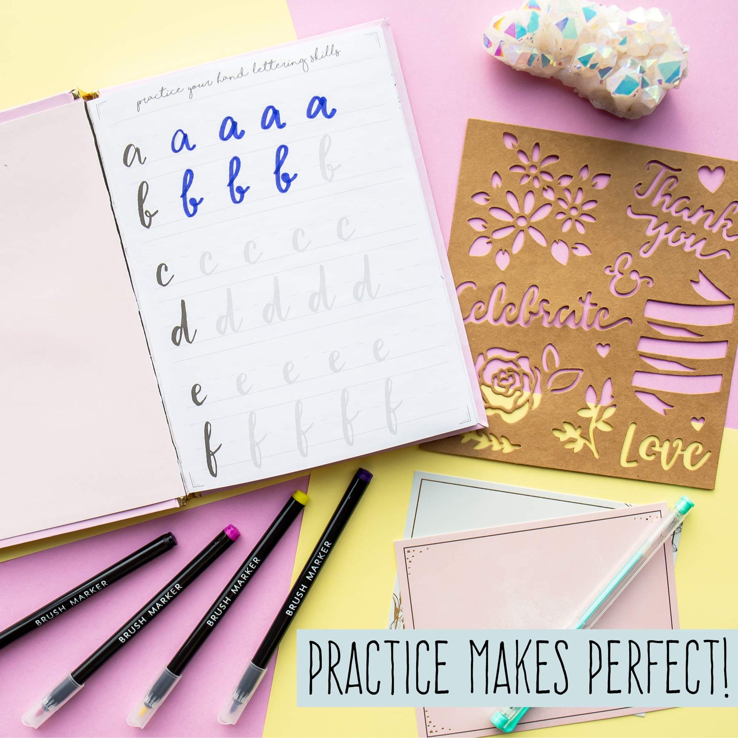 STMT DIY Make Your Mark Hand Lettering Set, Step-by-Step Beginner Modern Calligraphy Hardcover Workbook, Includes Practice Sheets, Stencils, Flexible Fine Tip & Brush Markers, DIY Calligraphy Kit