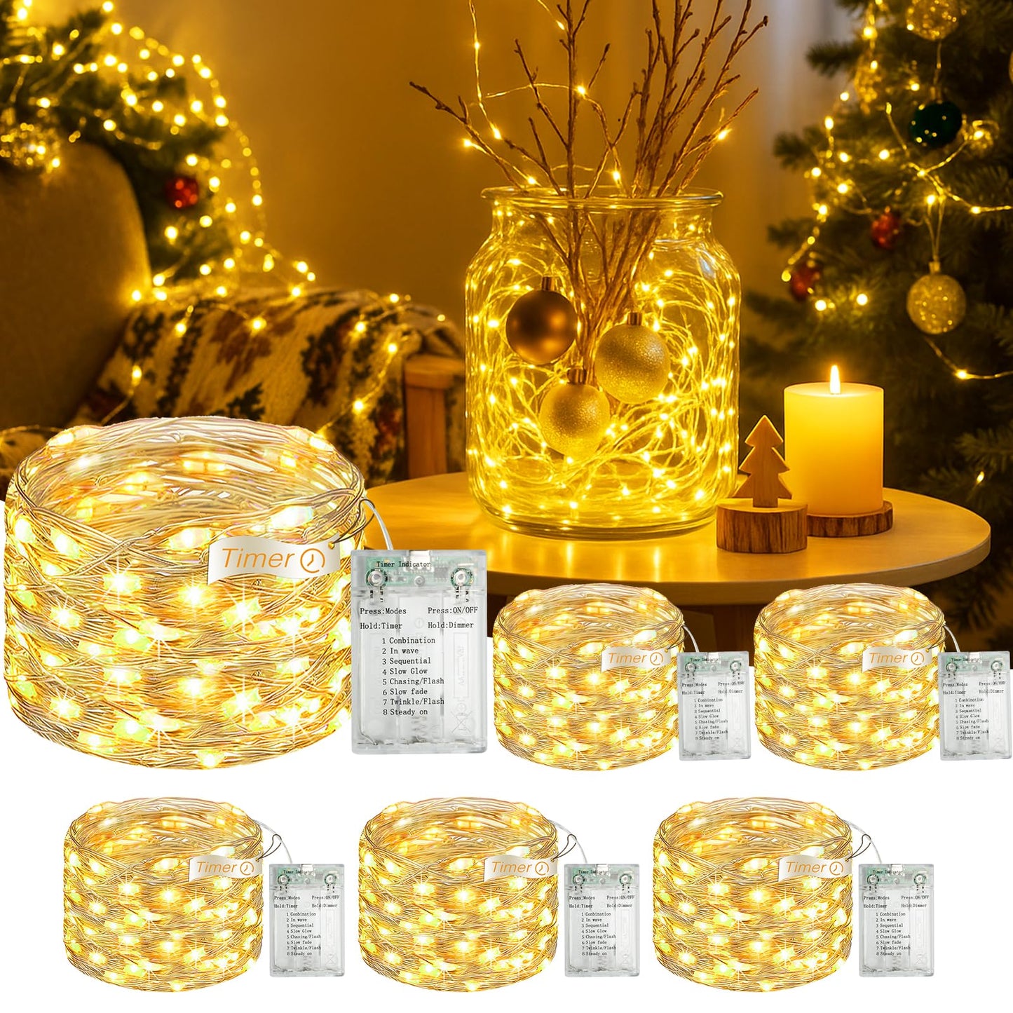 Fairdeer 6 Pack 16FT 50 LED Fairy Lights Battery Operated with Timer, 8 Modes USB Mini Twinkle Light, Small String Lights for Tree Wreath Vase Bedroom DIY Holoday Wedding Decorations-Warm White