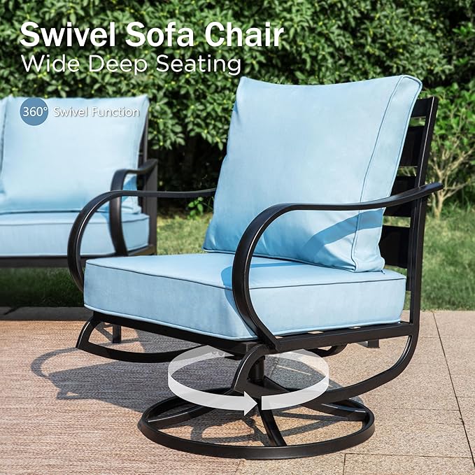 PHI VILLA 5 PCS Patio Furniture Set,Metal Deluxe Patio Set with 1 x 3 Seater Deep Seating Bench, 2 x Swivel Sofa Chairs & 2 x Metal Cushioned Ottoman, Outdoor Patio Set for Garden, Light Blue