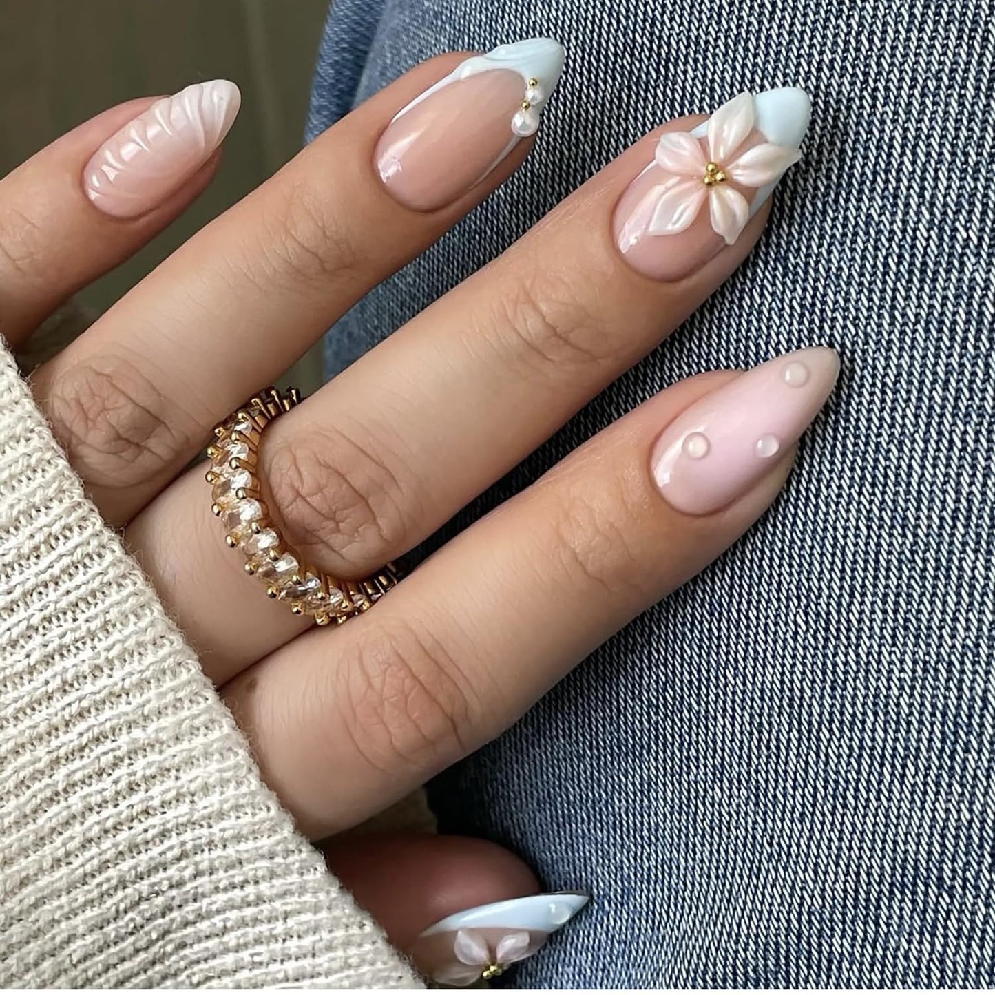 French Tip Press On Nails Almond Medium Fake Nails Press Ons Glossy With Flower Pearl Design Drip False Nails Full Cover Stick On Nails Artificial Glue On Nails For Women Nail Supplies