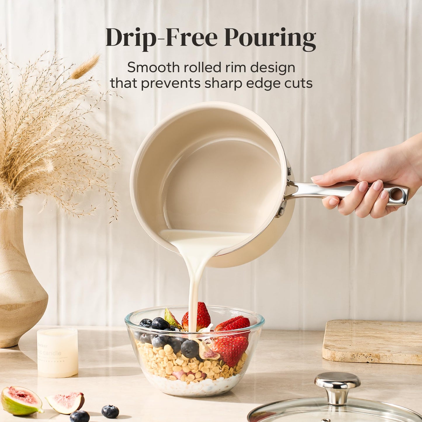 Redchef Sauce Pan & Frying Pan Set, 8" Ceramic Nonstick Fryingpan & 2.5Qt Saucepan with Lid, Mini Cookware Set, Induction Compatible, Nontoxic PTFE PFOA Free, Oven & Dishwasher Safe, Beige