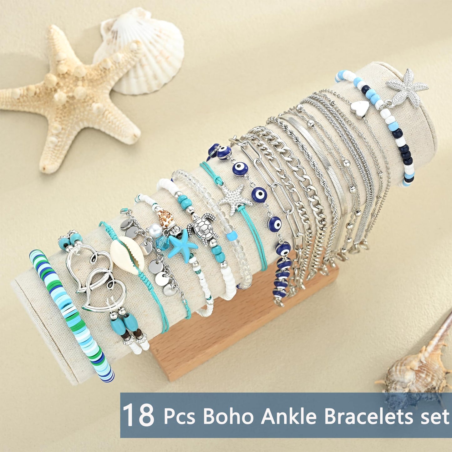 17KM 18PCS Silver Ankle Bracelets for Women, Boho Shell Bead Cuban Link Chain Waterproof Silver Anklets Set, Adjustable Layered Anklets for Women Beach Jewelry Gift
