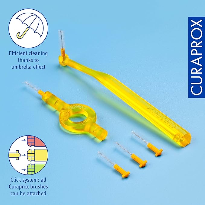 Curaprox CPS 09 Prime Start Interdental Brushes Set, 5 Interdental Brushes CPS 09 + 1 UHS 409 Holder + 1 UHS 470 Holder, 0.9 mm Diameter, 4 mm Effectiveness, Yellow