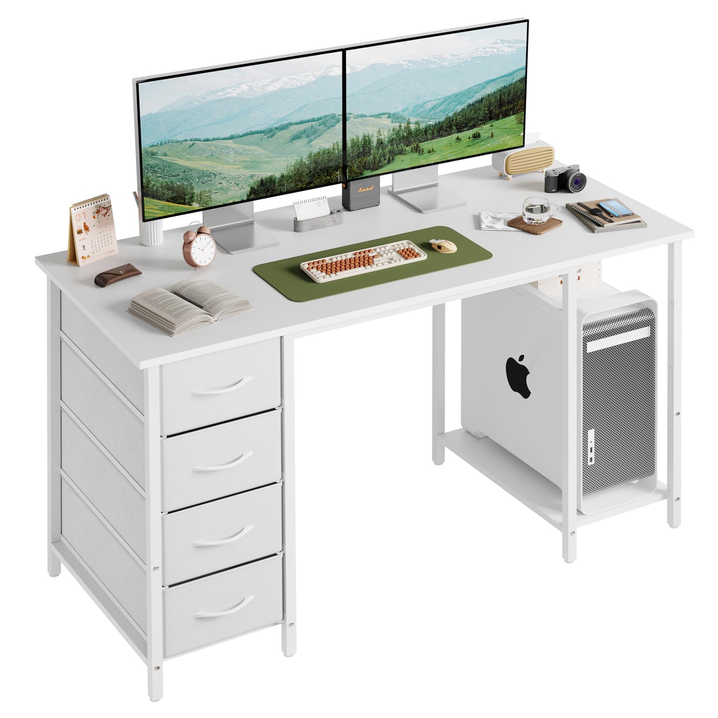Grandder Computer Desk with 4 Drawers, 47 Inch Office Table with Storage, Gaming with CPU Shelves, Writing Desk Workstation for Home Office, Study, Bedroom, Work from Home, White