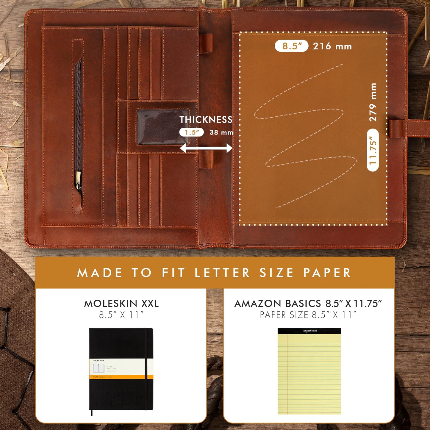 ELIZO Leather Portfolio & Rollerball Pen Bundle – Professional Padfolio Organizer with Antique Letter Strap & 24K Gold Trim Executive Pen, Schmidt Ink Business Writing Set