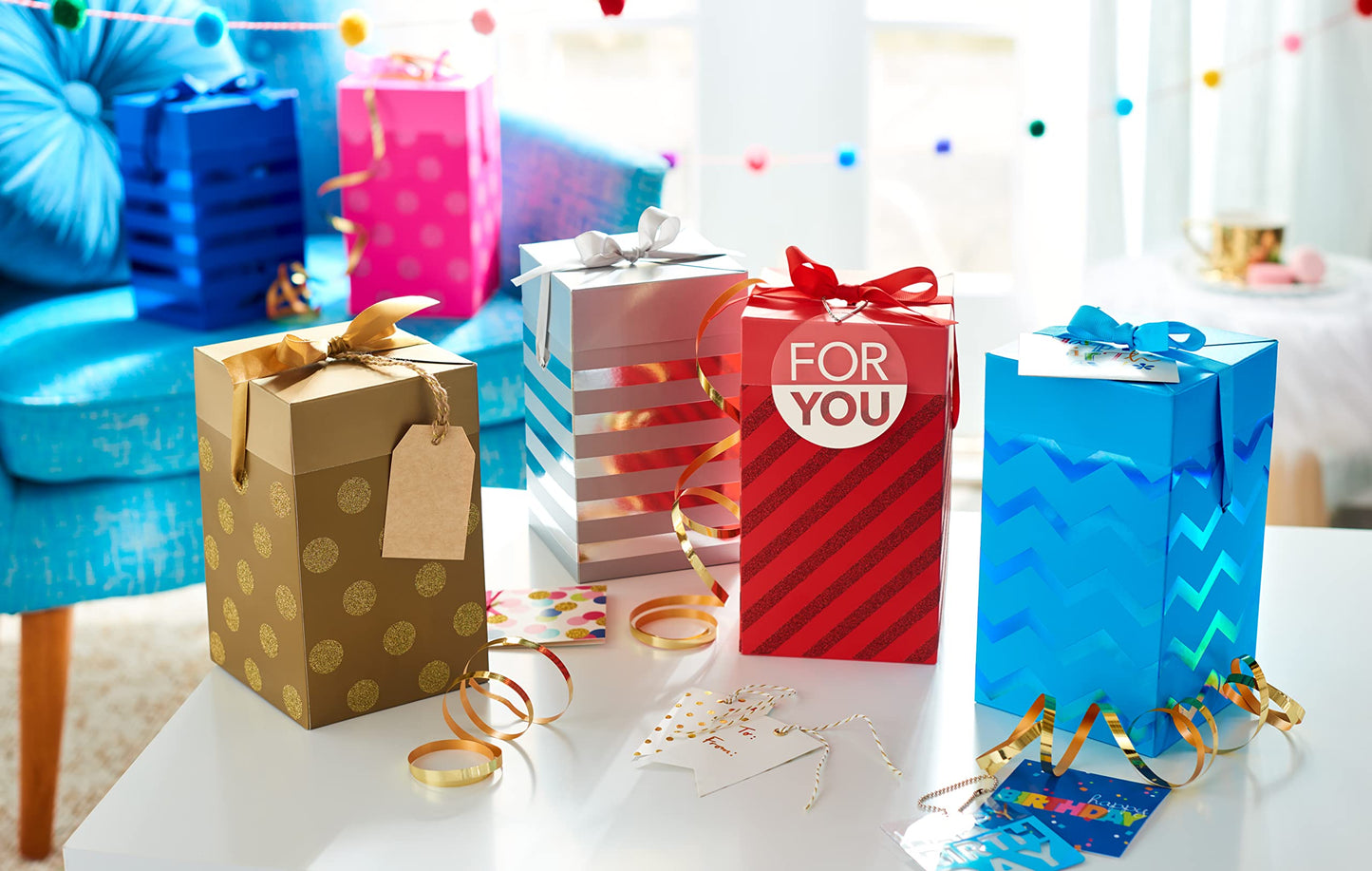American Greetings Push Down Gift Boxes, Red, Green, Silver and Gold (4 Boxes)