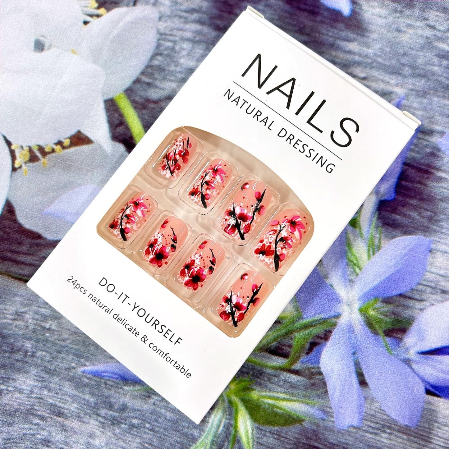 CJDLTS Pink Flower Press on Nails Medium Square Nails Pink Press Nails Spring Floral Stick on Nails Ful Cover Acrylic Nails Glitter Powder Sequins Design Artificial Nails 24Pcs Glue on Nails for Women