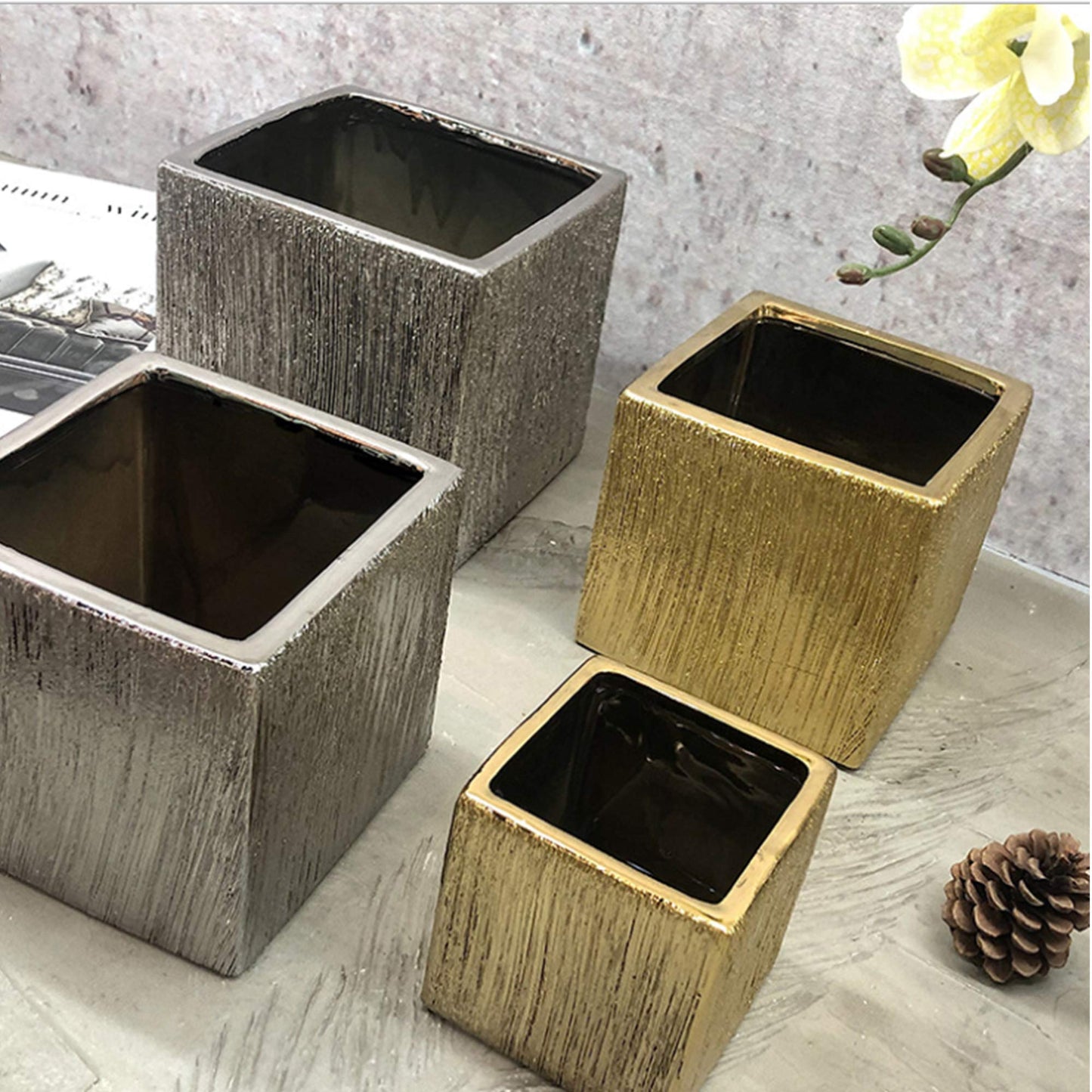 WGV Ceramic Cube Vase Width 5.5" Height 5" (Fits 5" Pot) Elegant Modern Block Square Floral Planter Terrarium Container Table Dresser for Event Accent Home Office Decor Silver Textured 1 Piece