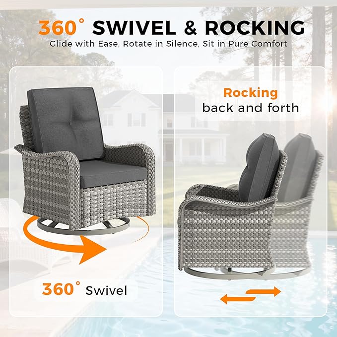 10-Seat Modern Patio Furniture Set with Swivel Rocking Chairs, Thick 4″ Cushions, Dual-Strand Wicker Rattan, Rust-Resistant Steel Frame – Outdoor Conversation & Modular Sectional,Black