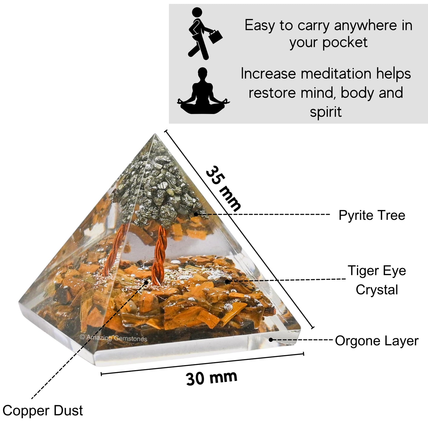 Amazing Gemstone Tiger Eye with Pyrite Tree Orgone Pyramid - 30mm Small Orgonite Pyramids with Crystals and Healing Stones - Authentic Organite Gifts
