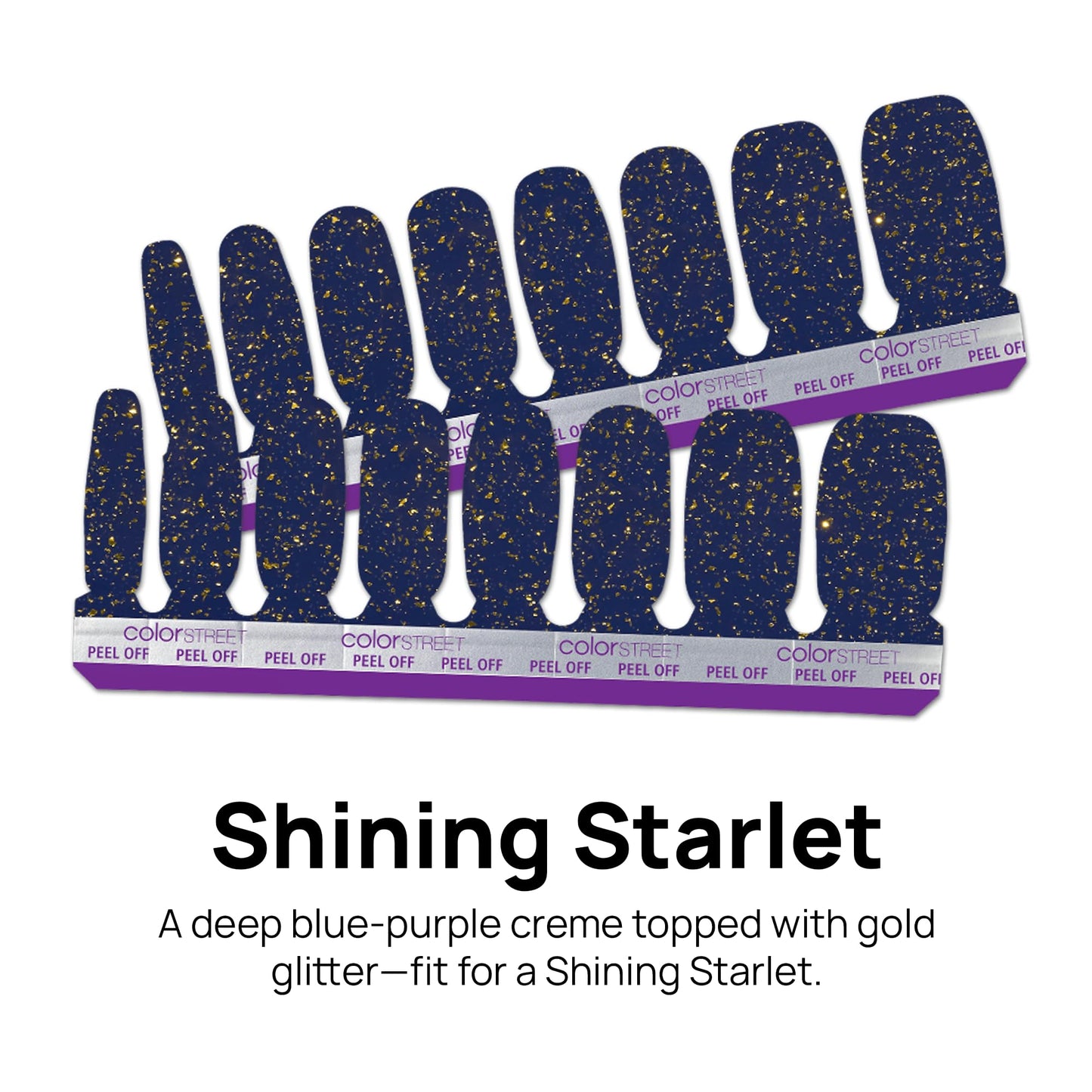 Color Street - Shining Starlet - Deep Blue Purple Nails with Gold Glitter, Real Nail Polish Strips, Glamorous Sparkle Manicure Style - 16 Double-Ended Strips
