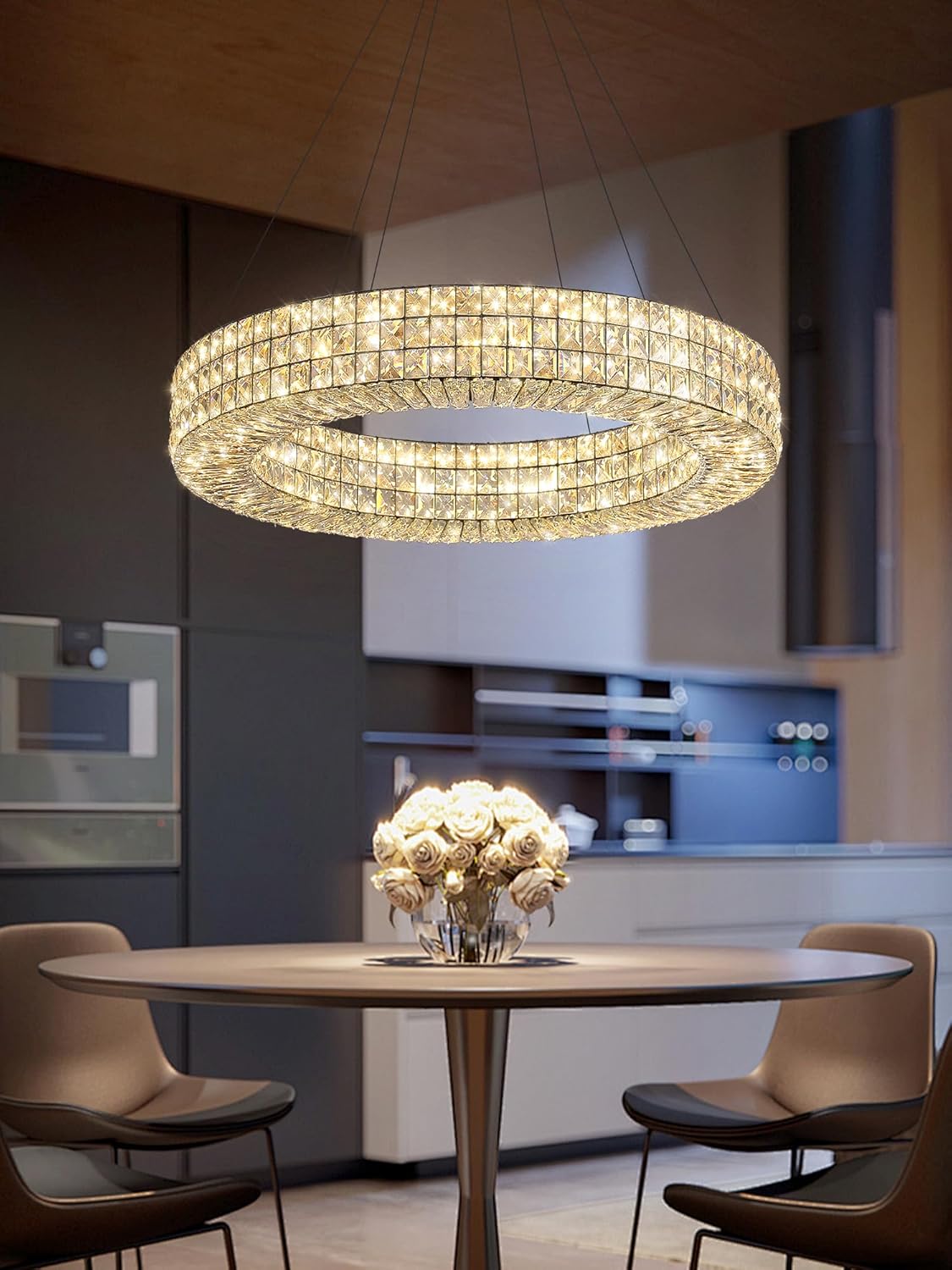 Dia 24" Modern Crystal Chandelier Black Ring Chandelier Adjustable Height Luxury Crystal Pendant Ceiling Light Fixture for Dining Living Room Bedroom