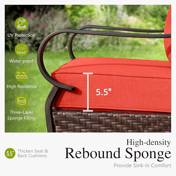 Sophia & William Patio Furniture Set, 5 Piece Metal Outdoor Conversation Set with 3-Seater Outdoor Couch, 2 Sofa Chairs, 1 Loveseat,1 Coffee Table for Outdoor Seating, Backyard, Porch(Red)