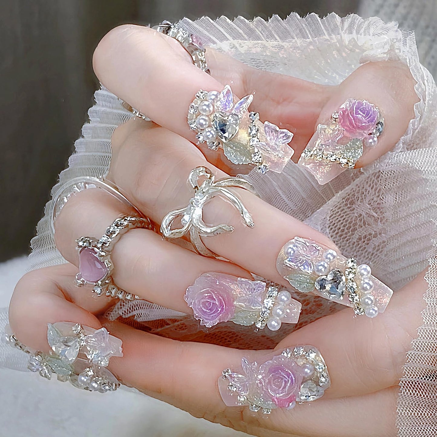 MISUD Press on Nails - Long Coffin Fake Nails with Pink Flower, Acrylic Handmade Pearl Rhinestone Design 24 pcs