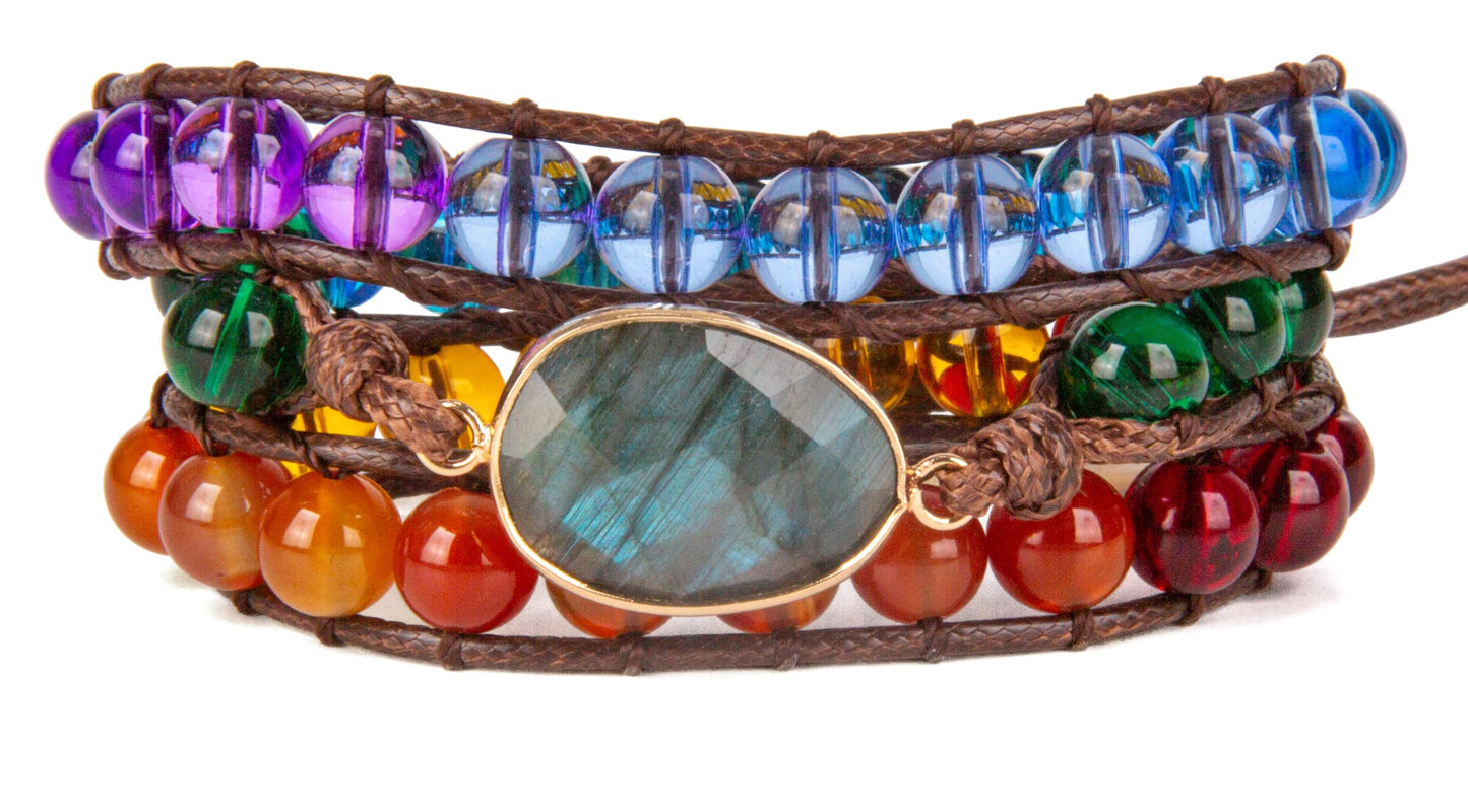 SPUNKYsoul Chakra Awareness Balancing Leather 3 Wrap Crystal Bracelet with Hematite for Women (Brown 8mm Labradorite)