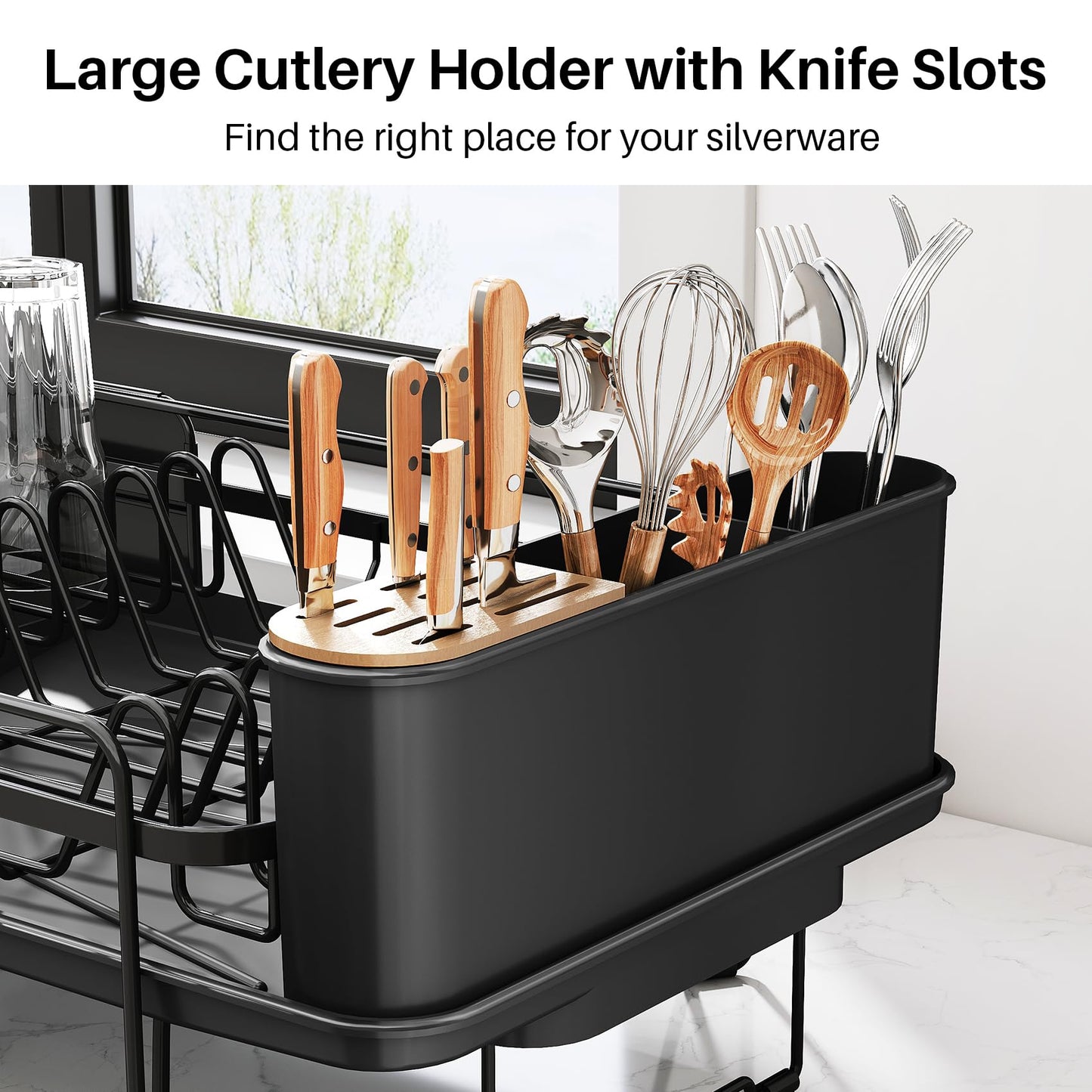 SNTD Dish Drying Rack - Large Dish Racks for Kitchen Counter, Expandable Dish Drainers with Cutlery Holder Stainless Steel Rustproof, Black