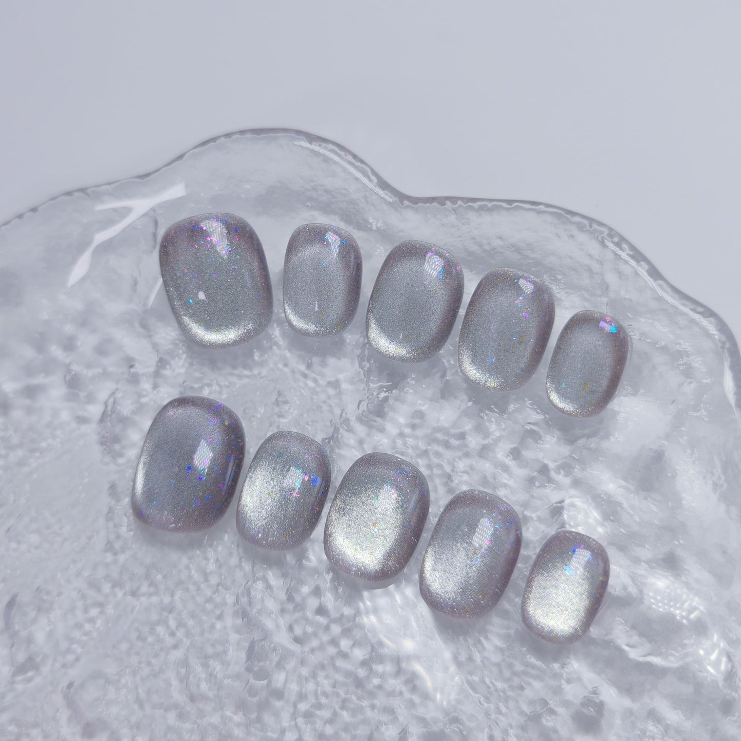 Cat Eye Press on Nails Handmade Short Oval/Square/Round False Nails with French Tip/Aurora/Magnetic Shimmer Designs (Glitter#Flowering Shrubs, Medium)
