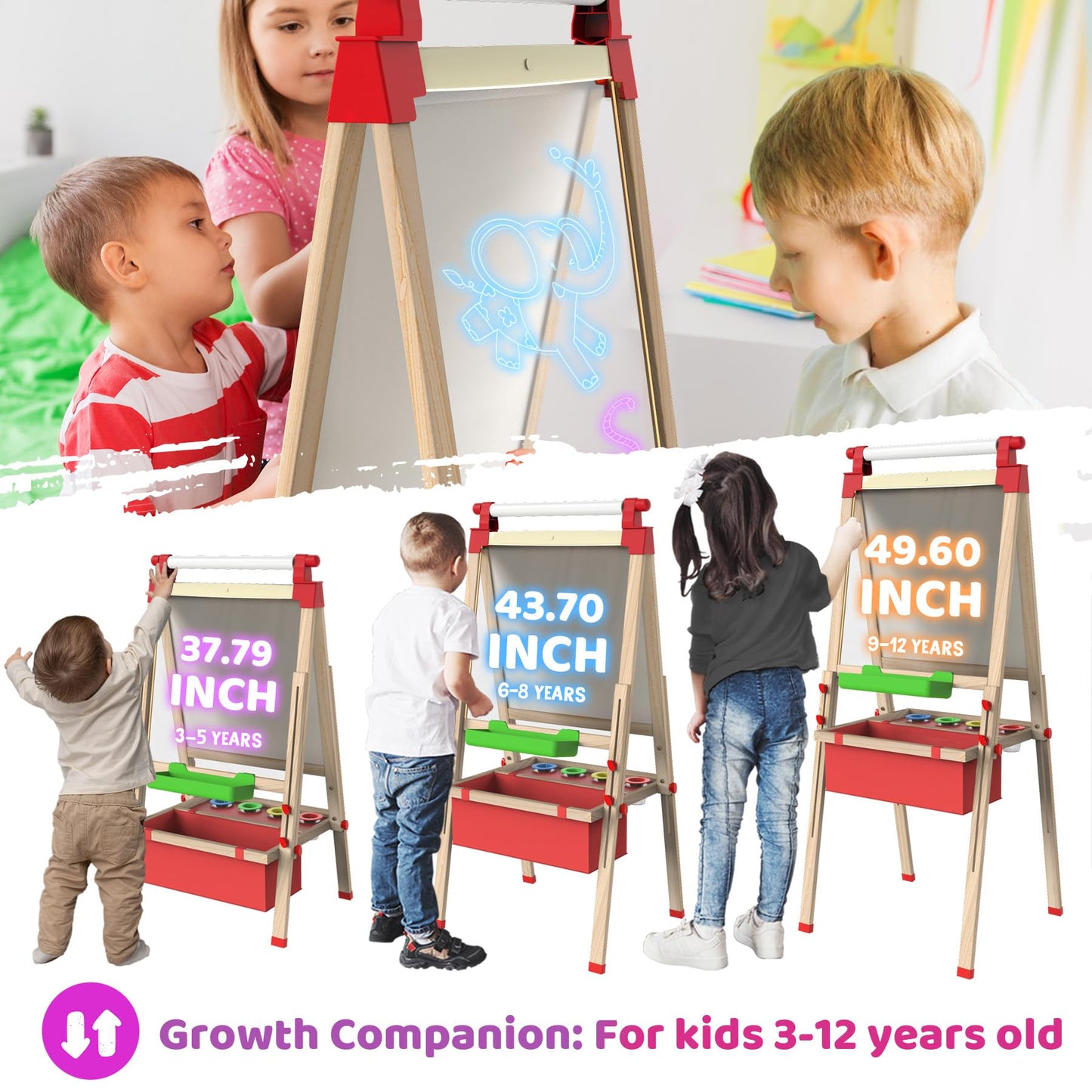 JOYOOSS LED Easel for Kids Ages 4-8 Easels for Toddlers Art Kids Easel Ages 8-12 Light Up Wooden Drawing Easels Magnetic Black Board with Paper Roll for Kid LED Dry Erase Board