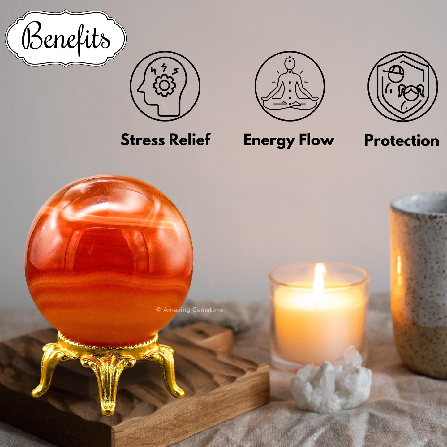 Amazing Gemstone Carnelian Onyx Crystal Ball with Stand - 2 Inches Crystal Sphere Meditation Balls for Witchcraft and Decorative Balls