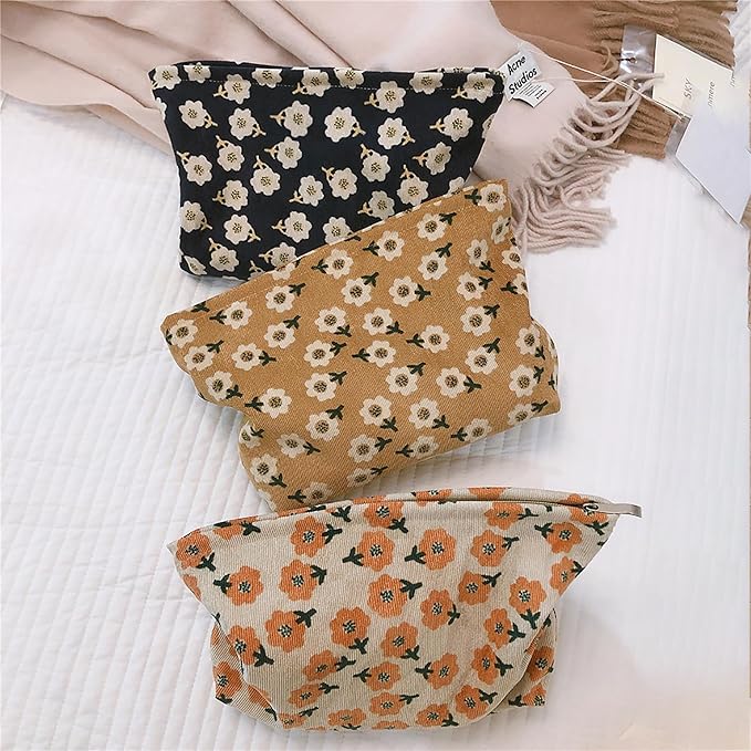 HAPPYHEIDI Women Floral Corduroy Canvas Makeup Bag Travel Cosmetic Pouch Purse Organizer, Cute Beige