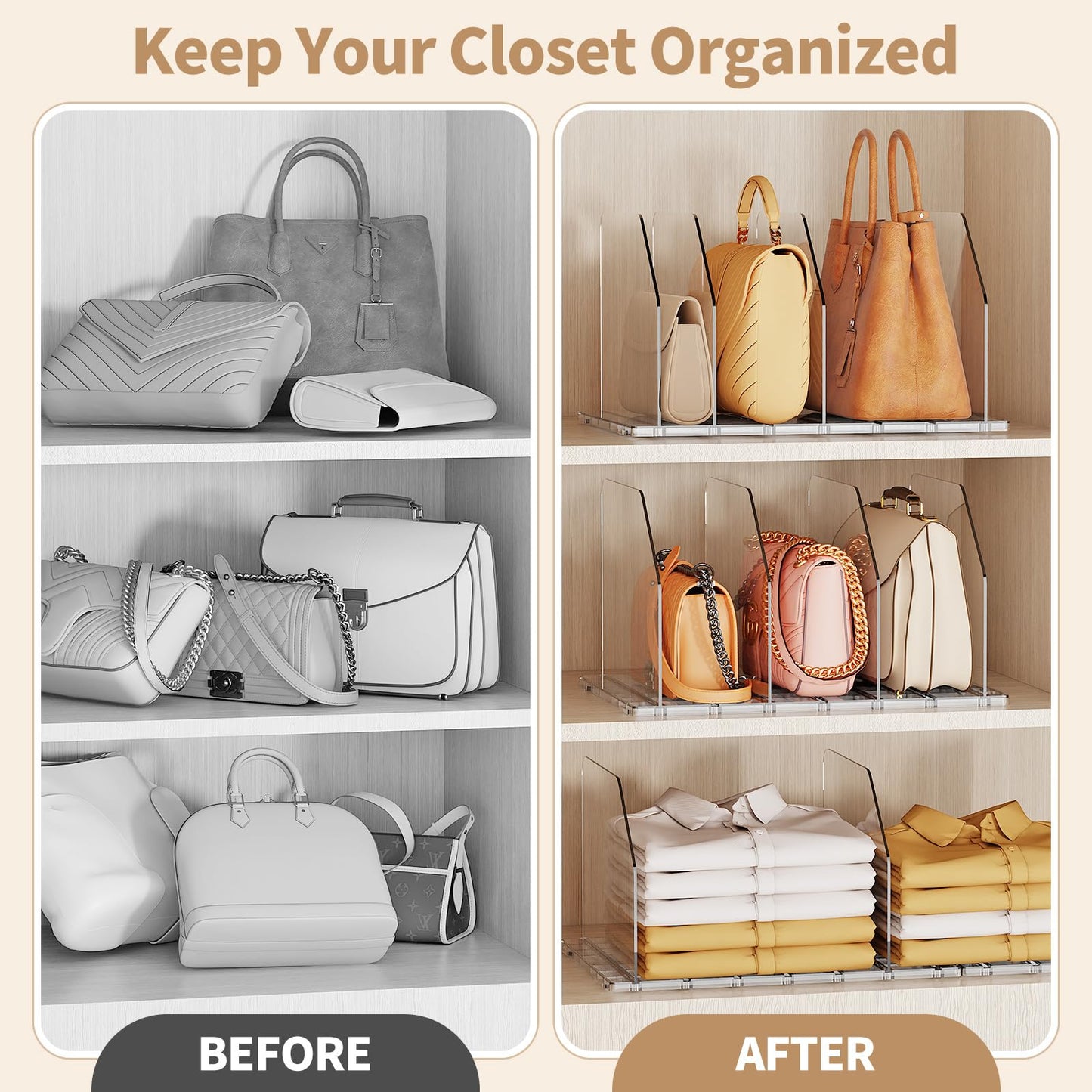 iStoreMaxy Purse Organizer for Closet, Shelf Divider Adjustable Clear Acrylic Handbag Storage, Bag Storage Separators, Keep Handbag & Books Neat and Upright in Bedroom, Office
