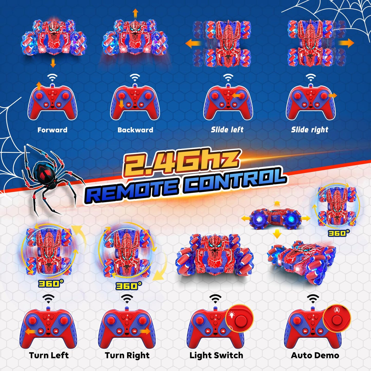 SOGAWEBB Spider Gesture Sensing Remote Control Car, Double Sided RC Cars with Full-Body Light, 2.4GHz Hand Controlled Rechargeable RC Stunt Car Toys for Boys 4 5 6 7 8 9 10 11 12