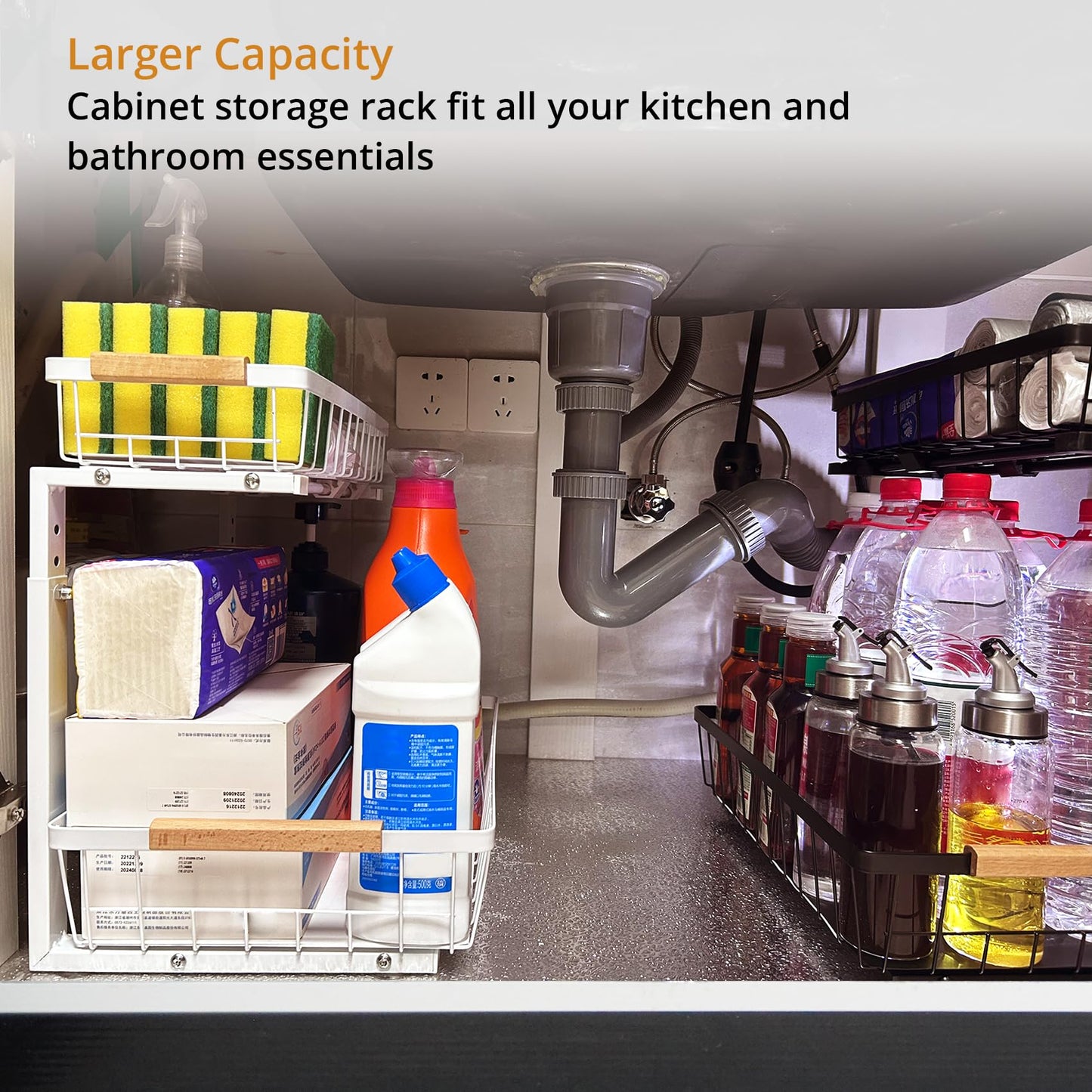whalenoble Under Sink Organizer 2 Pack, 2 Tier Pull Out Cabinet Organizers and Storage for Kitchen Bathroom Pantry Laundry, Adjustable Height, Slide Out Thickened Metal Storage Shelf (Black, 2 Pack)