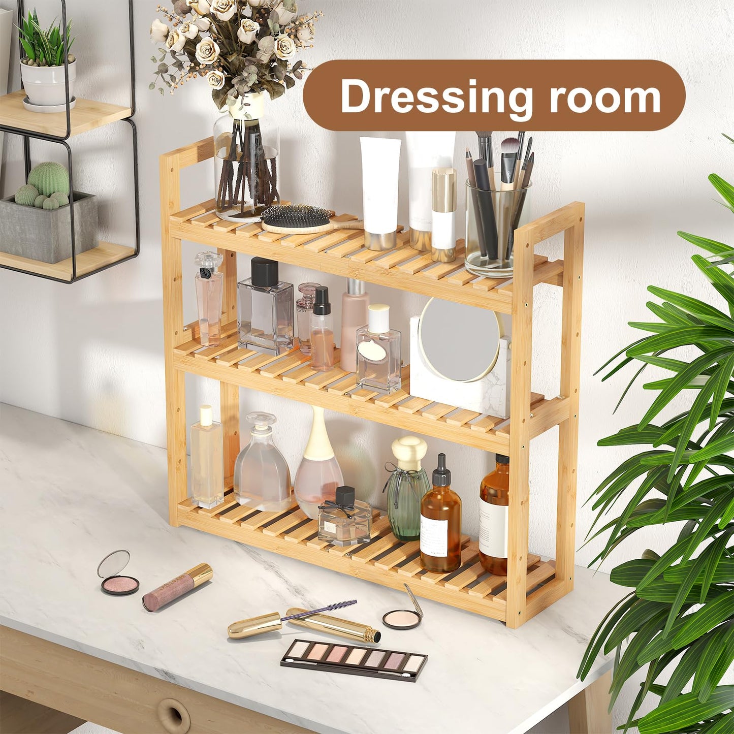 FILWH Bamboo Organizer Rack - Adjustable 3-Tier Storage Shelf, Wall Mounted or Over The Toilet, Living Room, Kitchen (Natural)