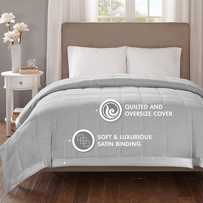 Madison Park Cambria Down Alternative Blanket, Premium 3M Scotchgard Moisture Wicking Treatment, Lightweight and Soft Bed Cover For Summer with Satin Trim, Oversized King Gray