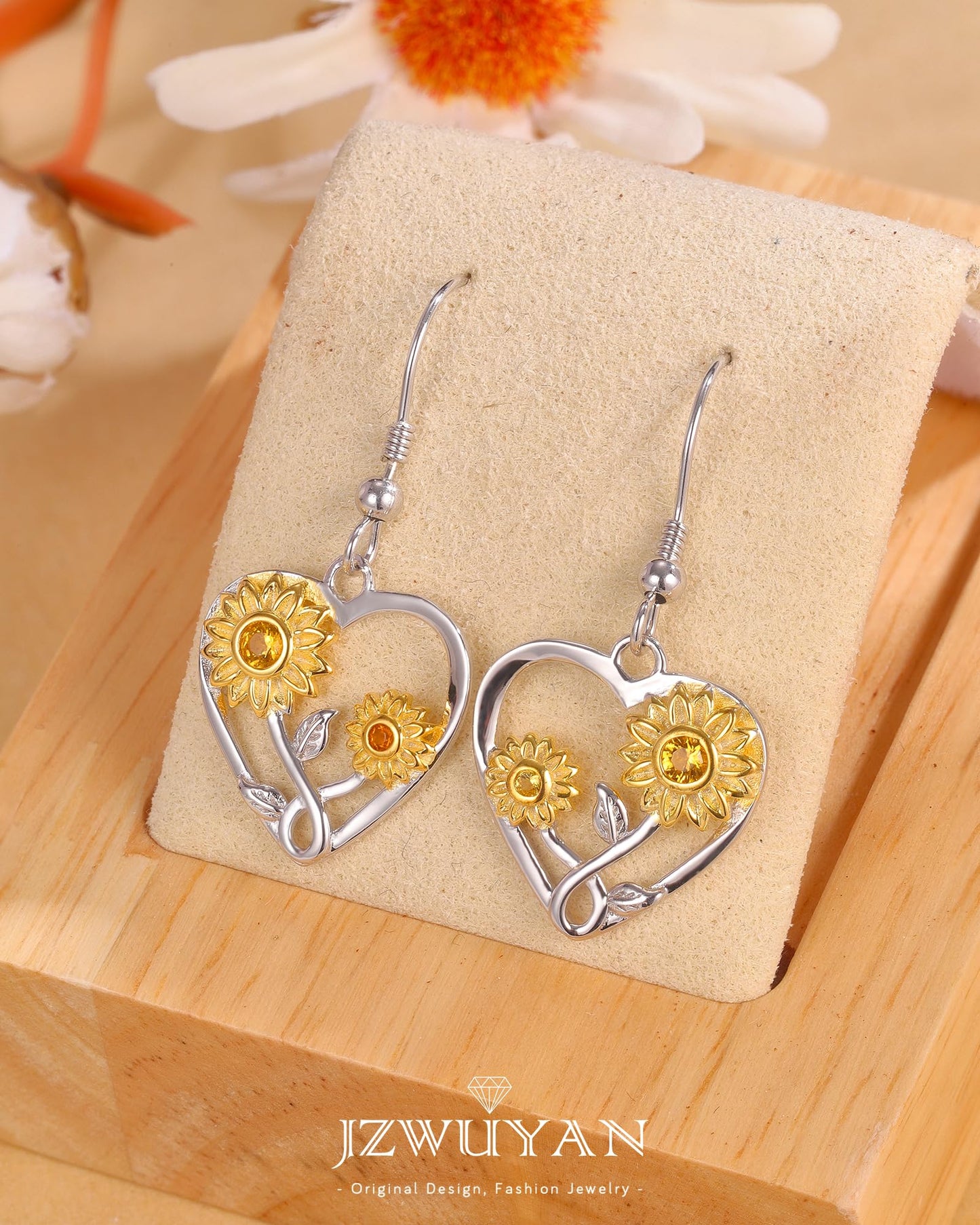 Silver Sunflower Heart Earrings for Women,925 Sterling Silver Sunflower,Daisy Heart Dangle Earrings, Sterling Silver, Cubic Zirconia