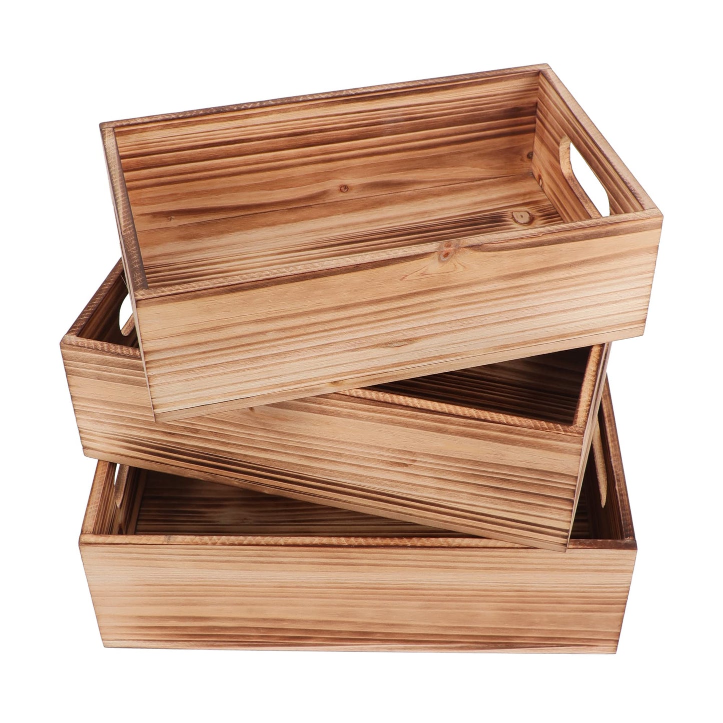 PHOENANCEE Wood Crates For Display,Rustic Crate Storage Decorative Boxes Set of 3,Wooden Nesting Box with Handles Farmhouse Container Basket Bin Home Decoration,Solid Pine,L+M+S
