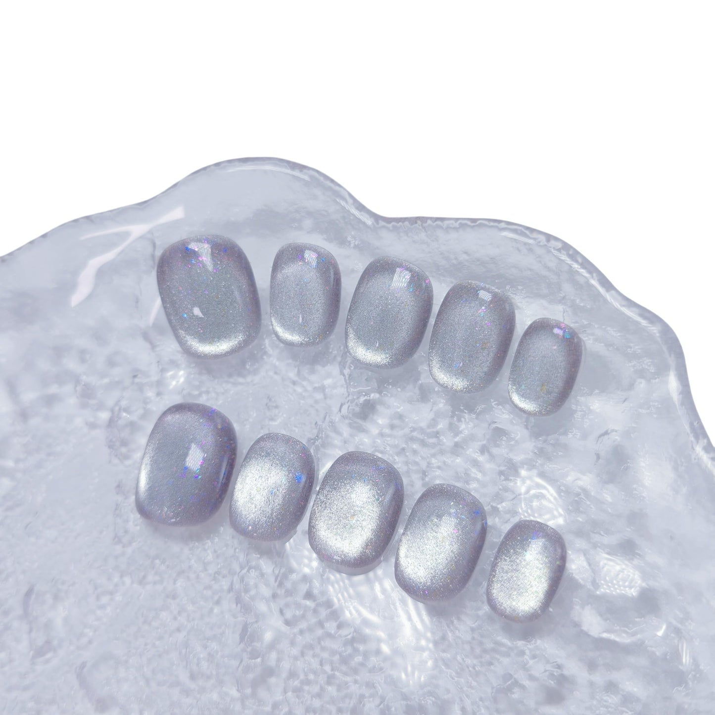 Cat Eye Press on Nails Handmade Short Oval/Square/Round False Nails with French Tip/Aurora/Magnetic Shimmer Designs (Glitter#Flowering Shrubs, Small)