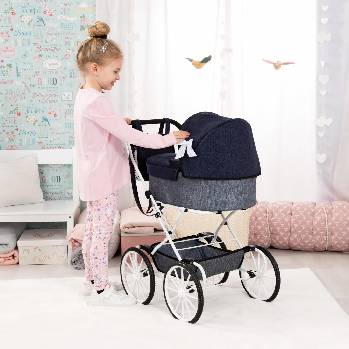 Bayer Design Classic Doll Pram – Navy-Grey-Hearts Stroller, Foldable Carriage with Storage Bag, 18 Inch, Ages 3+