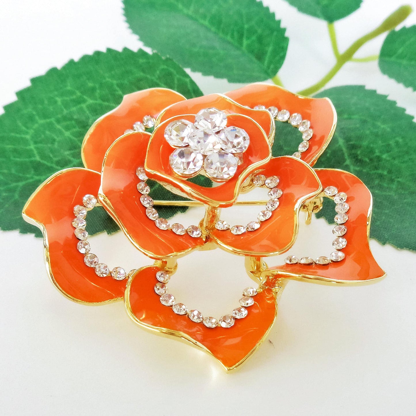 Navachi 18k Gold Plated Crystal Orange Enamel Rose Flower Az7194b Brooch pins