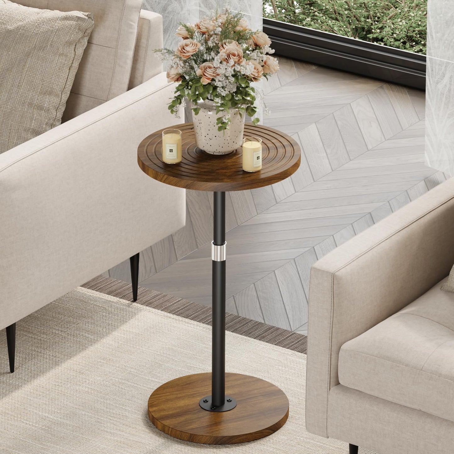 Asgolion Round Small Side Table, Adjustable-Height Drink Table, Pedestal Martini Stand, Weighted Base Cocktail Table Accent Nightstand for Living Room, Bedroom, Bathroom, Office, Walnut