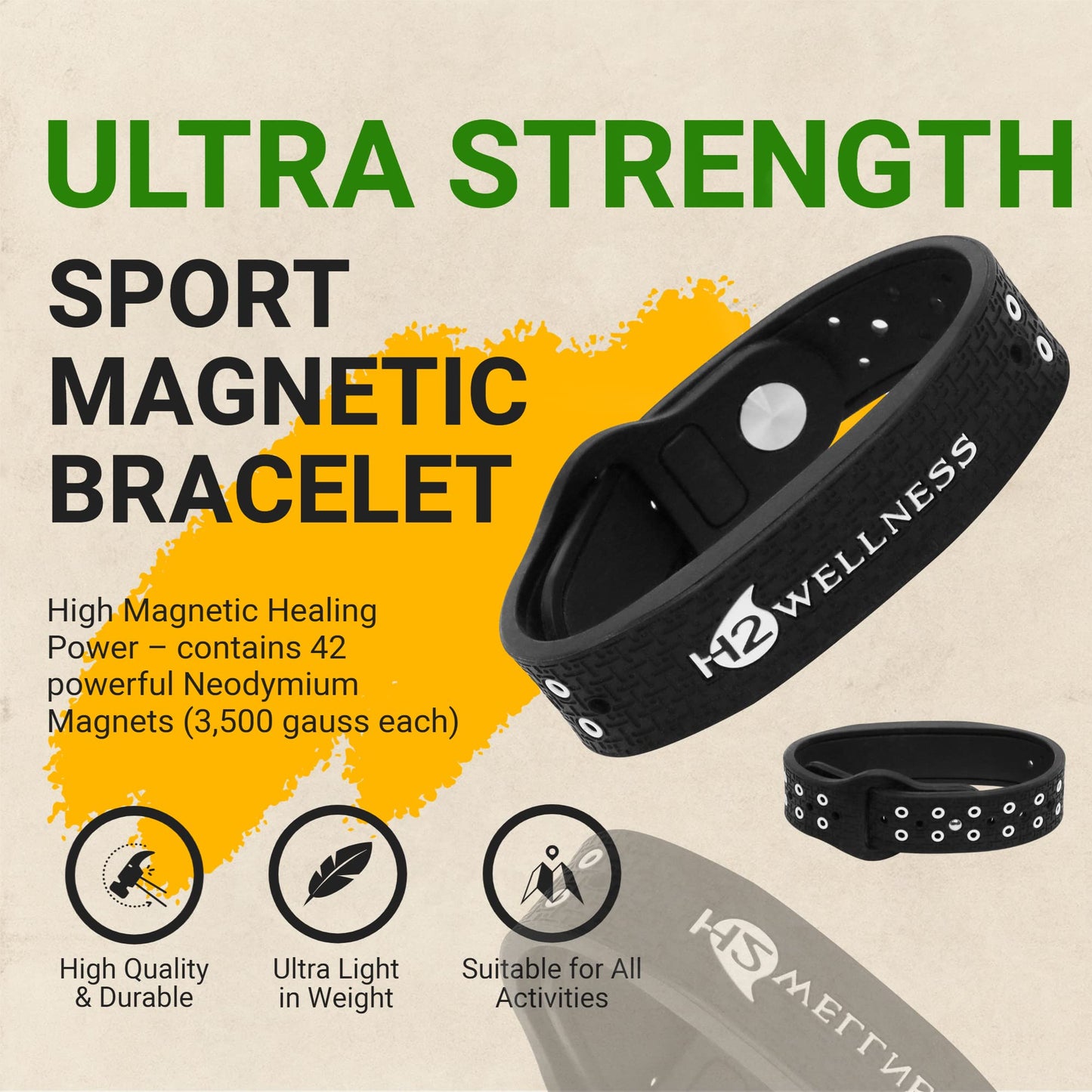 H2WELLNESS Magnetic Therapy Bracelet Super Ultra Strength Waterproof Breathable Comfortable Adjustable Infused with Titanium and Copper Sport Band (Black)