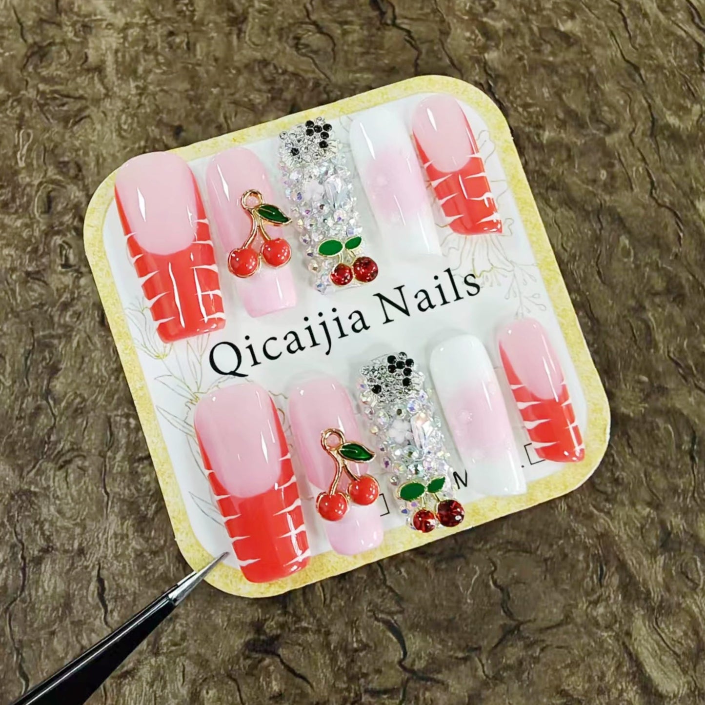 Handmade Red French Tip Press on Nails Long Square Fake Nails Pink Ombre Sparkly Acrylic Nails Press ons with 3D Cherry Rhinestones Designs False Nails Luxury Stick on Nail for Women 10Pcs (Size M)