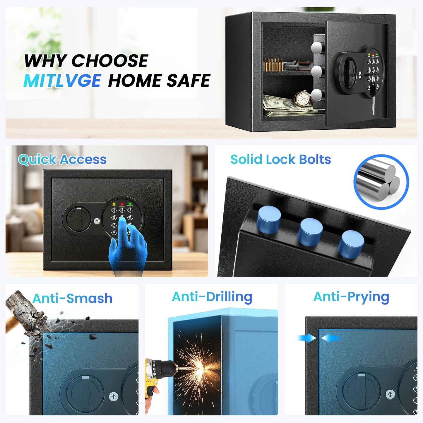 Mitlvge 0.9 Cuft Small Safe Box, Money Safe with Removable Shelf, Fireproof Waterproof Bag and Programmable Keypad, Home Safe with Smart Alert and Wall Mount Kits for Money, Jewelry and Documents