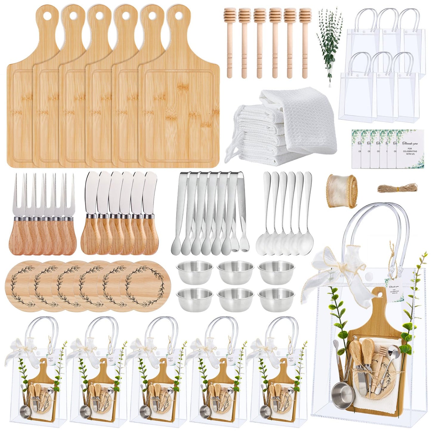 Baby Shower Prizes for Game Winners 6 Sets Cheese Board Honey Dipper Charcuterie Utensils Set Towel Thank You Card and Gift Bags for Baby Shower Wedding Bridal Shower Favors (6 Set-Bamboo, Silver)