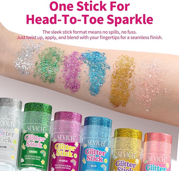 SEVICH Glitter Stick Glod for Face Body Hair,Skin Safe Waterproof Sparkle with No Glue Needed,Easy to Apply and Remove for Parties Festivals Makeup,15g