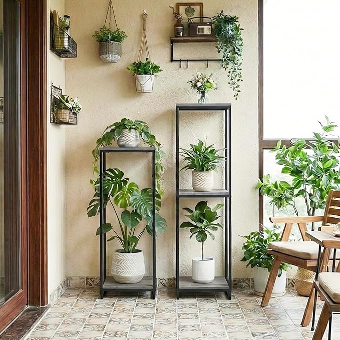 34" Tall Plant Stand Indoor, 2-Tier Modern Plant Shelf, Corner Flower Pot Holder Organizer for Living Room Balcony Patio Garden (Oak Grey)