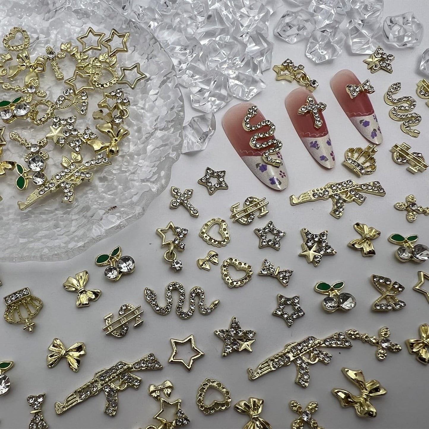 KINGNAME 106Pcs 3D Gold Nail Charms, Luxury Bling Snake Bow Butterfly Jewels, Y2K Glam Rhinestone Art Accessories for DIY Acrylic Nails