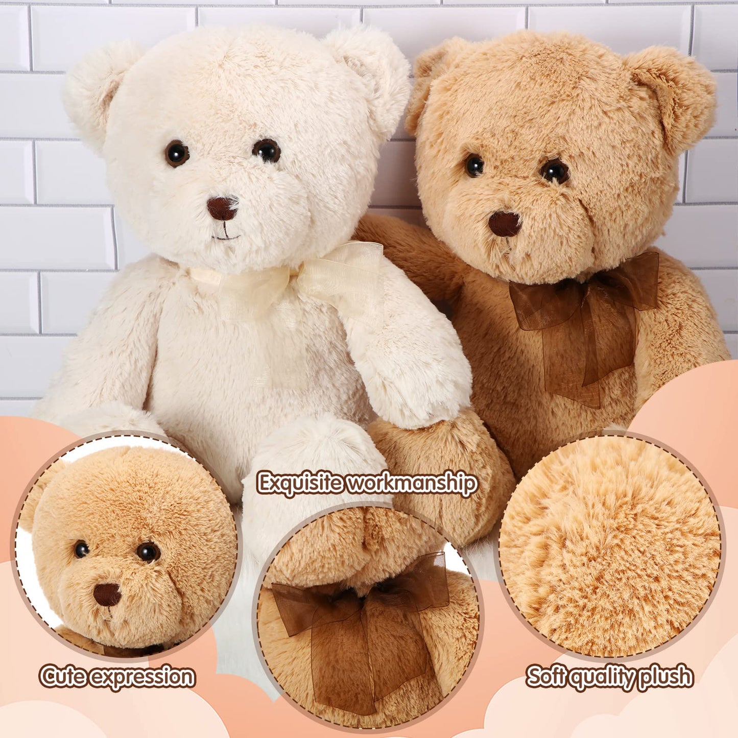 HyDren 2 Pack Bear Stuffed Animals 18 Inch Cuddly Stuffed Bear Plushies with Bow for Birthday Gifts Baby Shower Decors Valentines Party Decors(Beige, Light Brown)