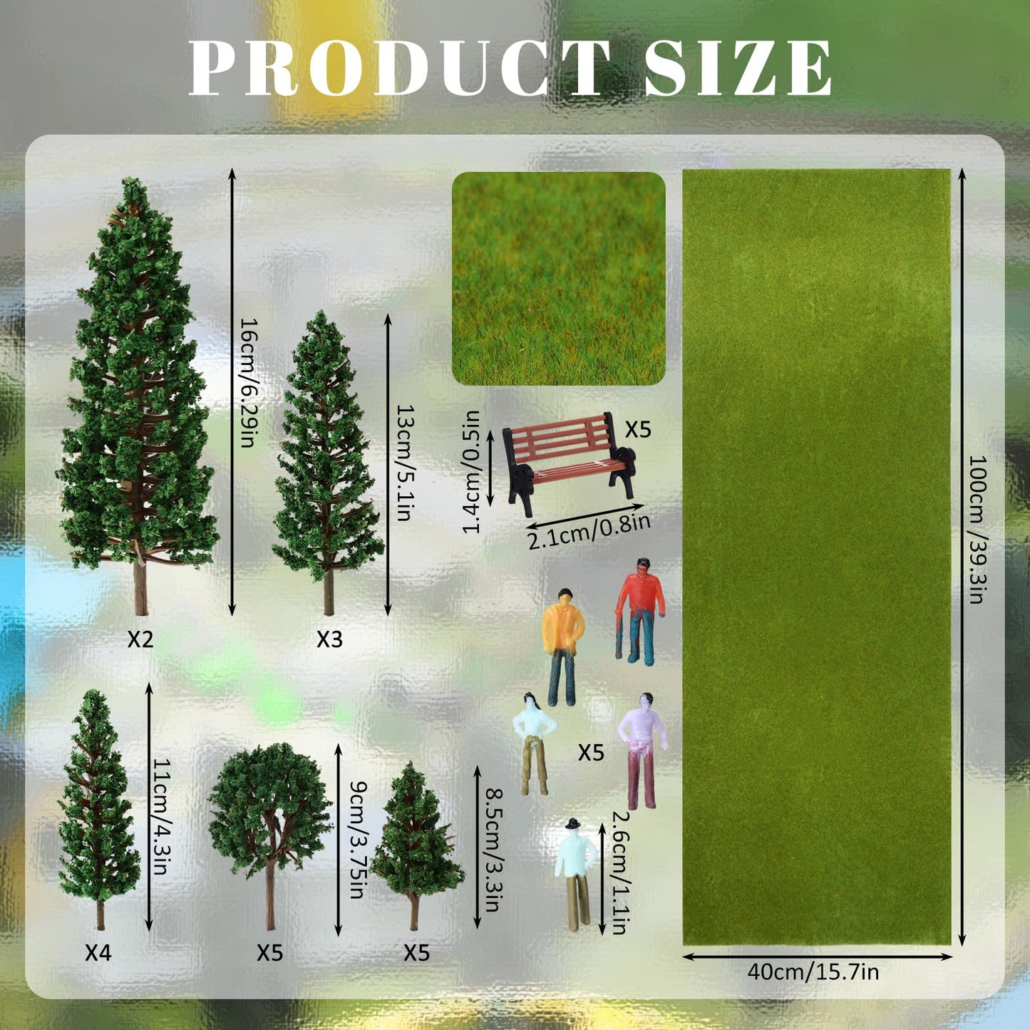 Soulchen 30 Pieces Model Trees 3.3-6.3 Inch Mixed Mini Trees Diorama Supplies Model Grass Mat Mini People Figurines Benches Ho Scale Accessories for Projects Train Scenery Landscape DIY Crafts