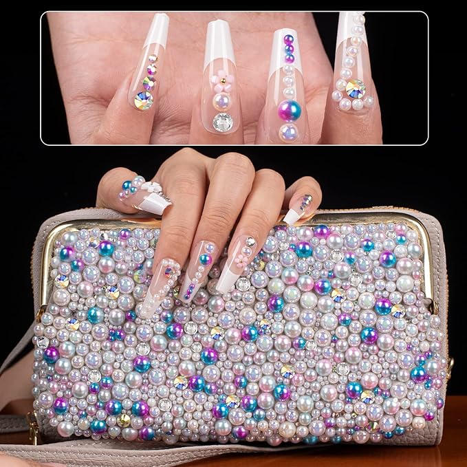 4000PCS Flatback Rhinestones and Half Round Pearls Kit #33, Multi Size Glass AB Crystals, Plastic Flat Back Beige AB Dome Bead with Pickup Pencil and Tweezer for Nail Art