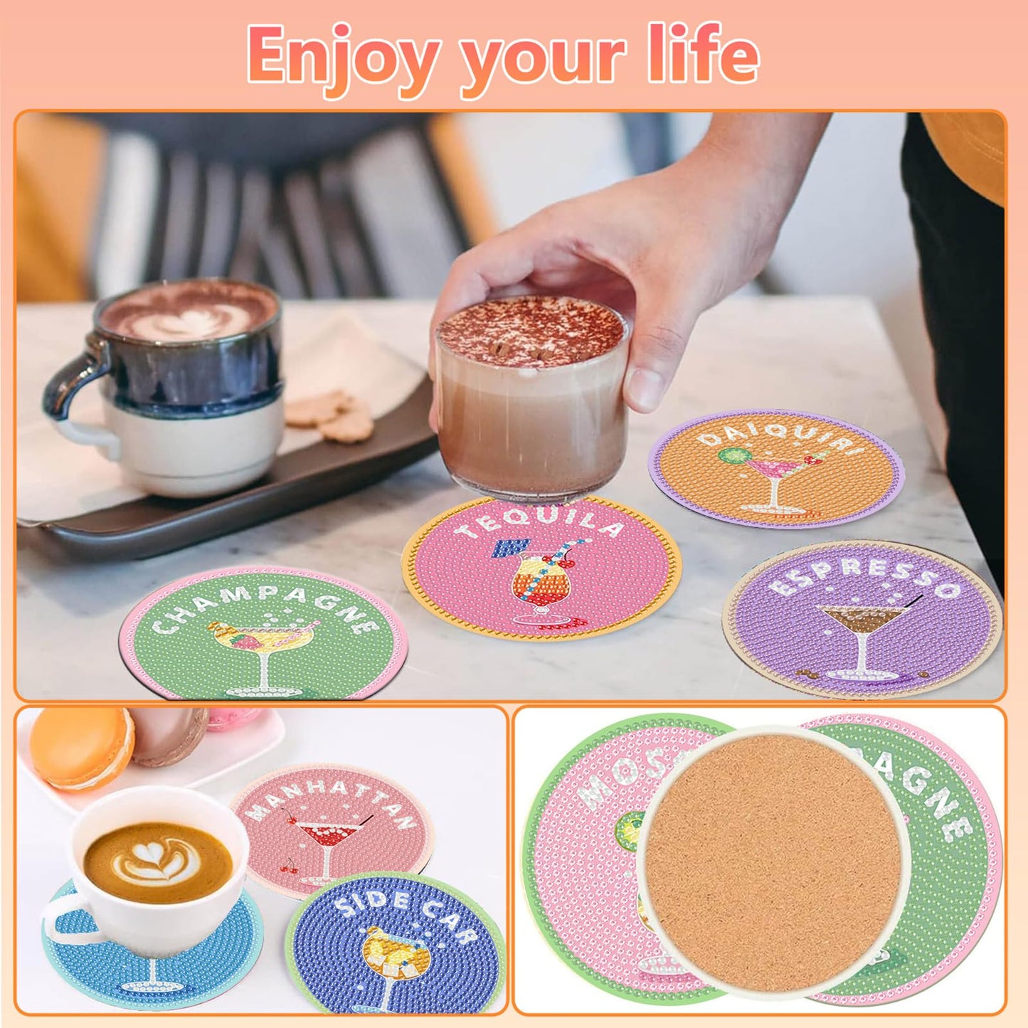 8 Pcs Cocktail Diamond Art Coasters Kit for Adults, Cocktail Diamond Painting Coasters with Holder, 5D Gem Art DIY Crafts Diamond Dots for Gift Life