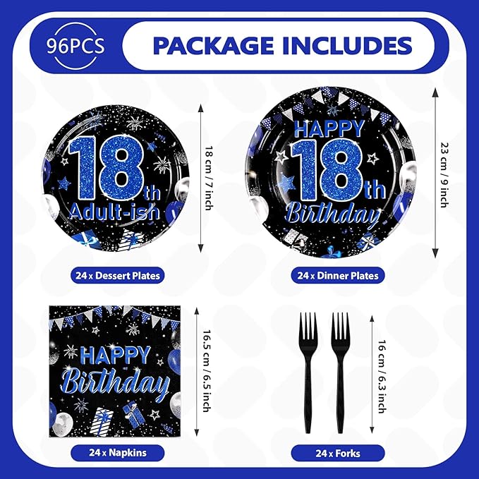 96Pcs 18th Birthday Decorations for Boys Blue and Black 18th Birthday Plates and Napkins Tableware Sets 18 & Adult-ish Party Decorations Favors for Teens 18 Years Old Party Supplies Serves 24