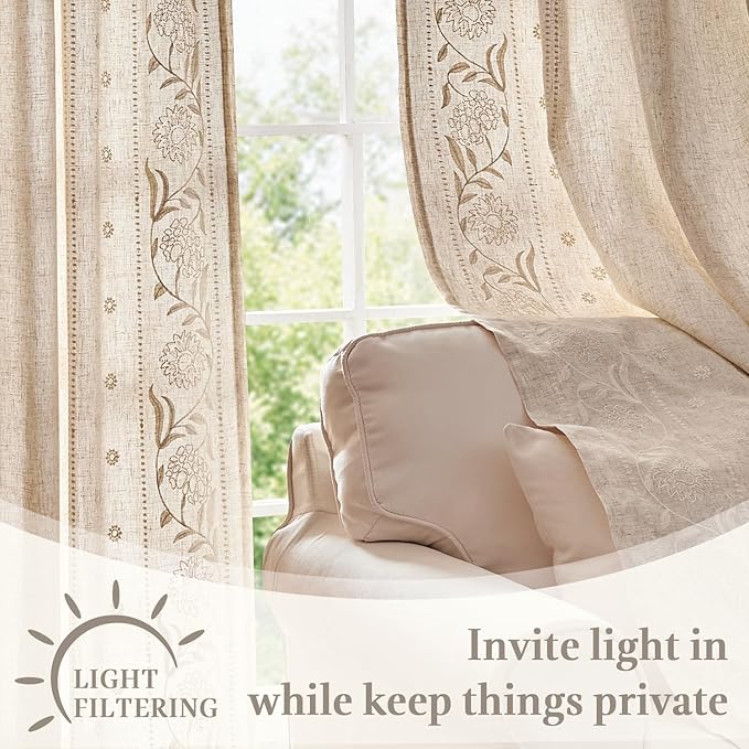 jinchan Winslow Lined Linen Curtains for Bedroom 63 Inches Linen Blended Embroidered Bordered Floral Curtains for Living Room Farmhouse Decor Window Treatments Ivory on Beige Drapes 2 Panels