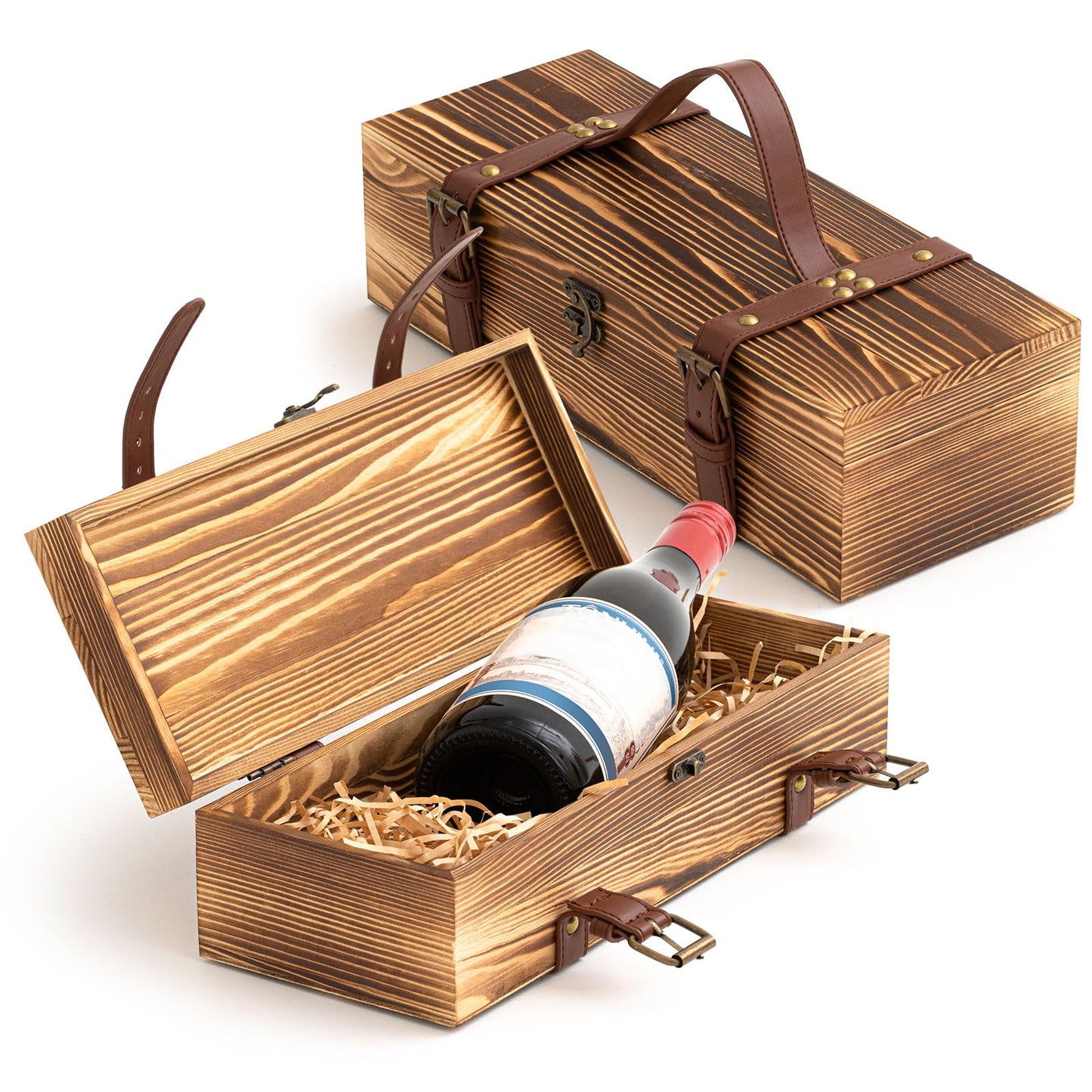 Briwooody 1 Pack Vintage Wooden Wine Gift Box - Rustic Wine Bottle Gift Case Single Bottle Holder with Leather Buckle Straps and Locking Latch for Birthday, Wedding, Anniversary, Housewarming