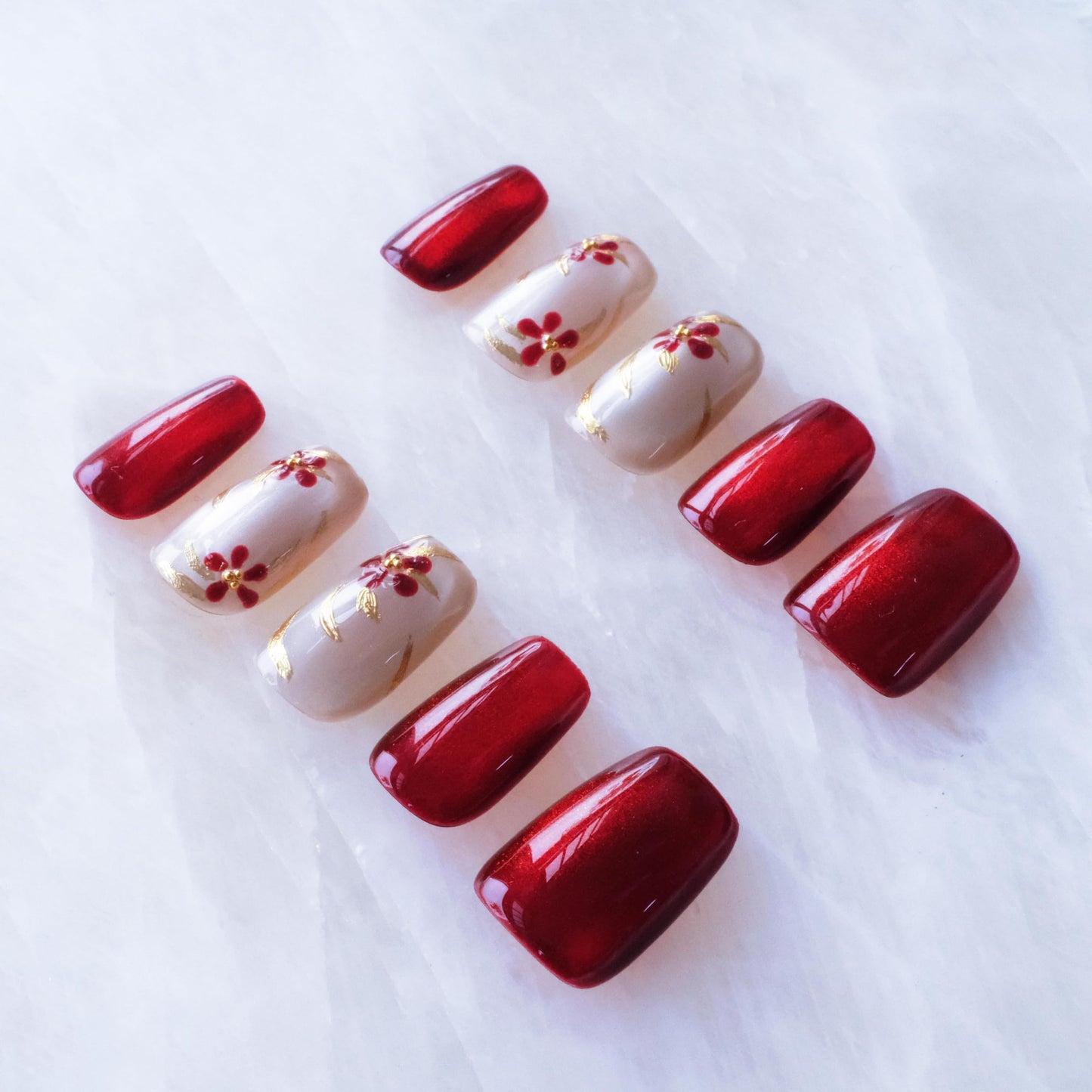 GLORS Press on Nails, Red Plum Embroidery Cat Eye False Nails with Gold Floral Design, medium ballerina Shape, 10 Pieces (Small, MB)